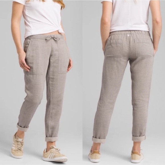 Prana Soledad Striped Pebble Grey Lightweight Pull On Drawstring Pants Large - Picture 1 of 11